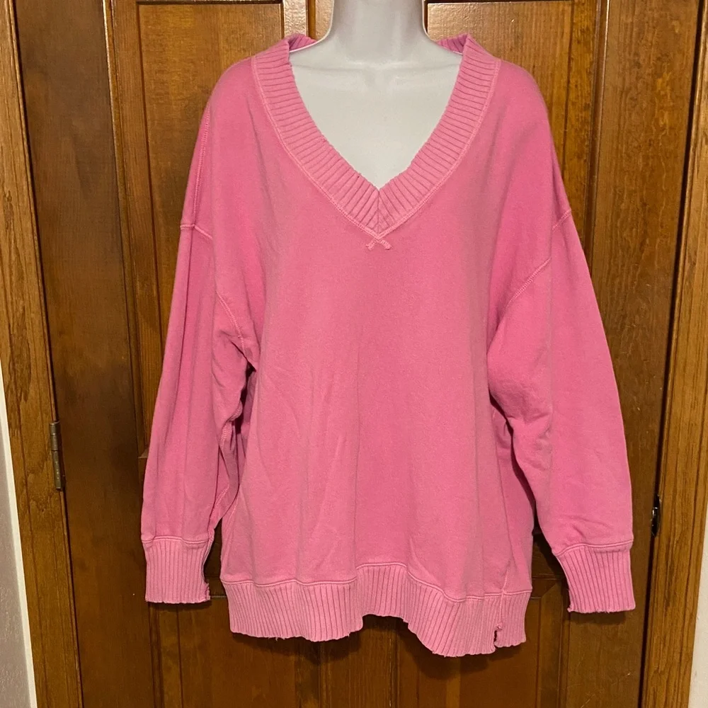 Aerie Oversized Slouchy V Neck Pullover Tunic Drop Shoulder Distress Hem Medium - Picture 2 of 11